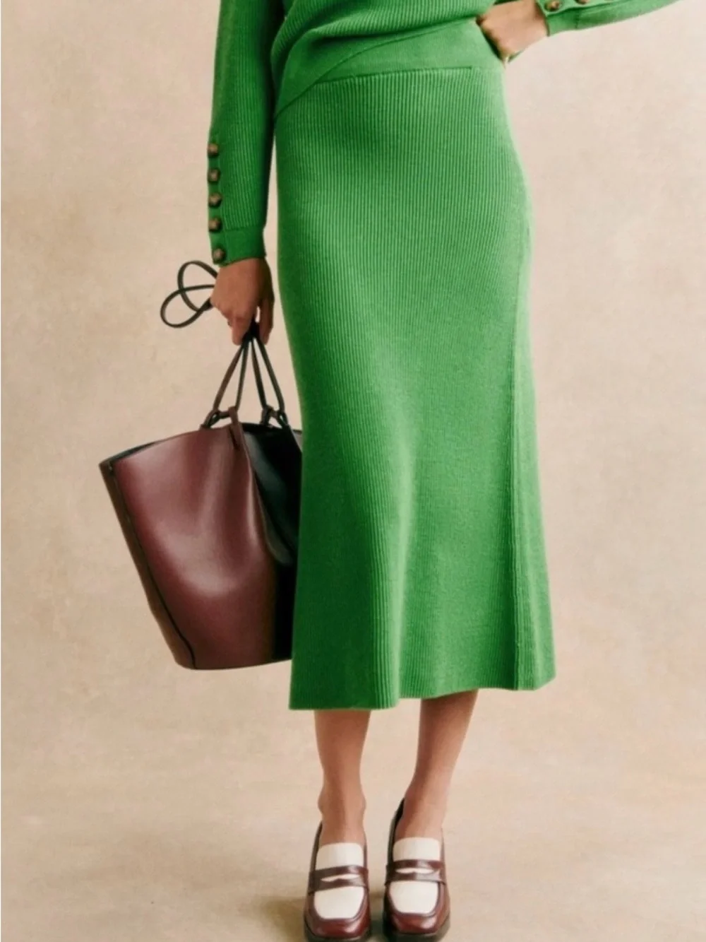 SEZANE Kelly Green Ribbed Knit Midi Naelle Skirt